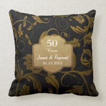 Black and Gold Damask 50th Wedding Anniversary Pillow