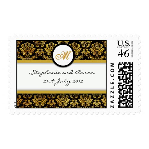 Black and Gold Damask Monogram Wedding Stamp stamp