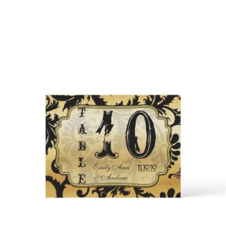 Black and Gold Damask Swirls Table Number