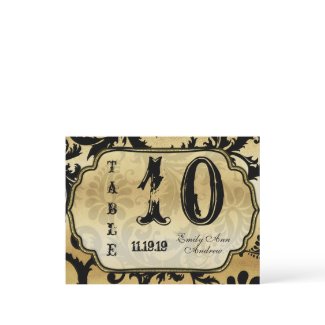 Black and Gold Damask Swirls Table Number