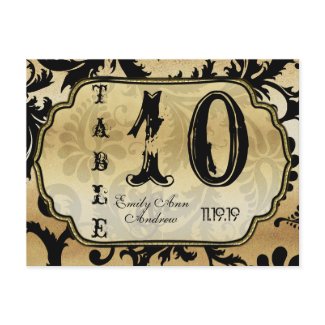 Black and Gold Damask Swirls Table Number Post Card