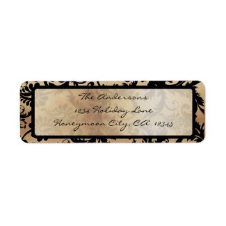 Black and Gold Damask Swirls Wedding Label