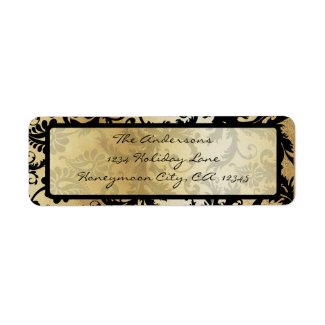 Black and Gold Damask Swirls Wedding Label