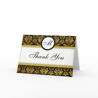 Black and Gold Damask Thank You Cards card