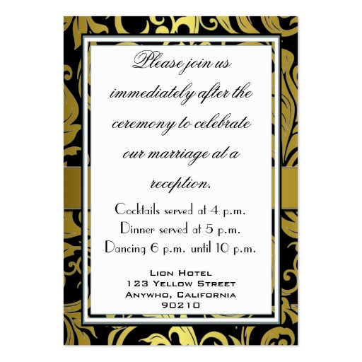 Black and Gold Damask Wedding Reception Cards Business Card Template (back side)