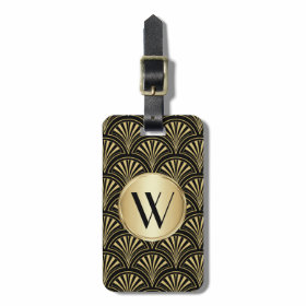 Black and Gold Deco Fan Monogrammed Tags For Bags
