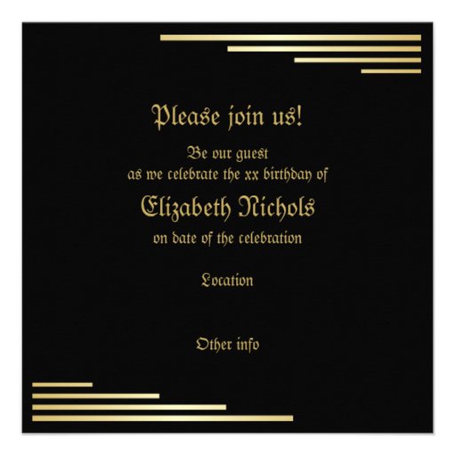Black and gold floral border birthday invitation