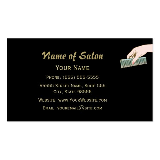 Black and Gold Hair Salon Vintage Comb and Curls Business Cards (back side)