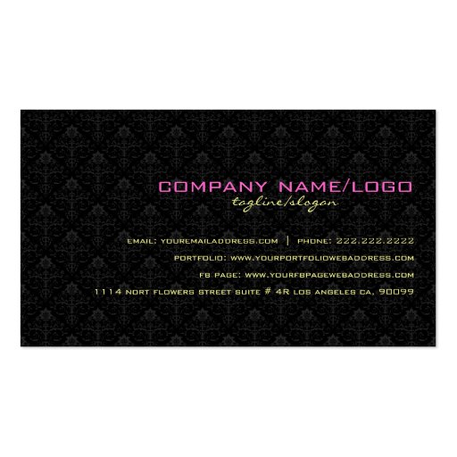 Black And Gold Metallic Floral Damasks & Frame Business Cards (back side)