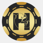 BLACK AND GOLD MONOGRAM LETTER H POKER CHIP ROUND STICKER