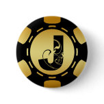 BLACK AND GOLD MONOGRAM LETTER J POKER CHIP PINBACK BUTTONS
