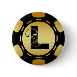 BLACK AND GOLD MONOGRAM LETTER L POKER CHIP PINBACK BUTTON