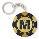 BLACK AND GOLD MONOGRAM LETTER M POKER CHIP KEYCHAIN