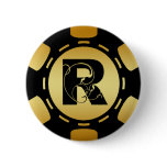 BLACK AND GOLD MONOGRAM LETTER R POKER CHIP BUTTON