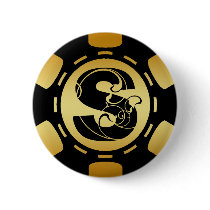 BLACK AND GOLD MONOGRAM LETTER S POKER CHIP PINBACK BUTTONS
