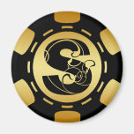 BLACK AND GOLD MONOGRAM LETTER S POKER CHIP MAGNETS