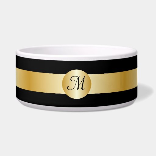 Black And Gold Monogrammed Dog Bowl