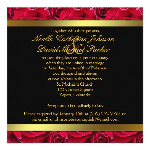 Black and Gold on Red Roses Wedding Invitation