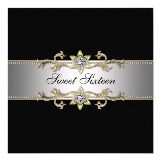 Black and Gold Sweet Sixteen Party Custom Invitations