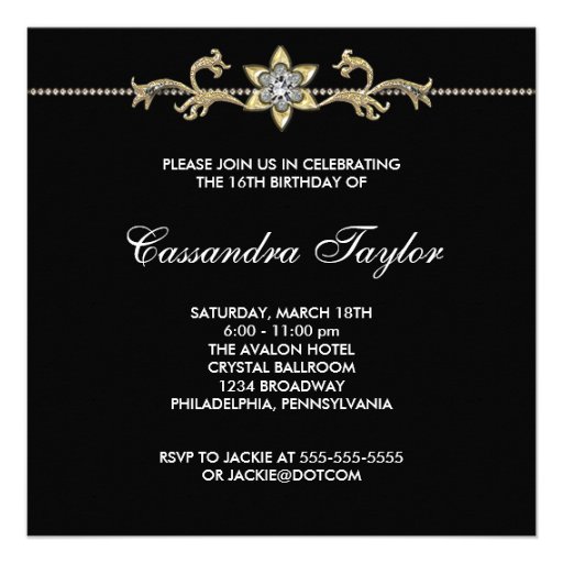 Black and Gold Sweet Sixteen Party Custom Invitations