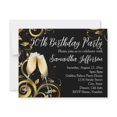 Black and Gold Swirl, Custom 50th Birthday Party Announcement by CustomInvites
