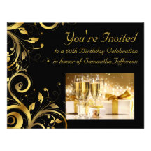 Black and Gold Swirl, Custom 60th Birthday Party Custom Invites