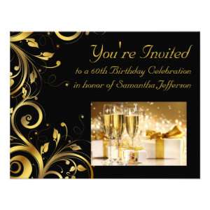 Black and Gold Swirl, Custom 60th Birthday Party Custom Invites