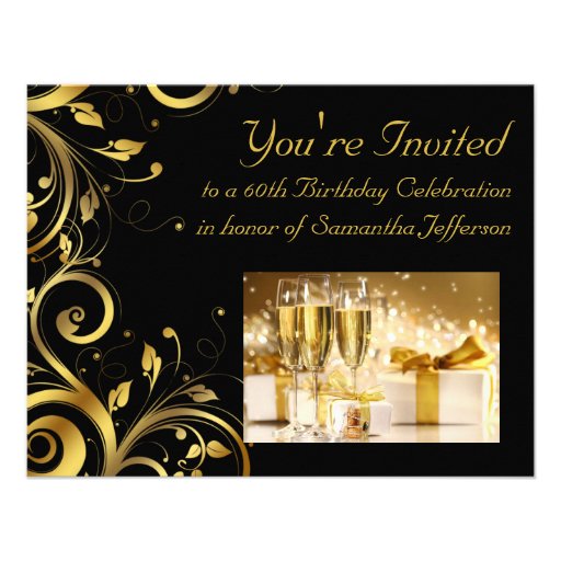 Black and Gold Swirl, Custom 60th Birthday Party Custom Invites
