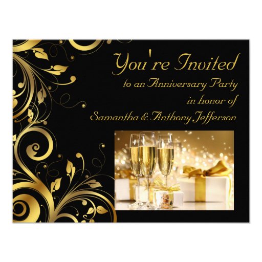 Black and Gold Swirl, Custom Anniversary Party Personalized Announcement