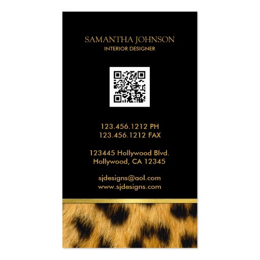 Black and Gold with Leopard Fur Business Card Templates (back side)
