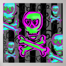 Black and Gray Swirls with Neon Skulls Posters