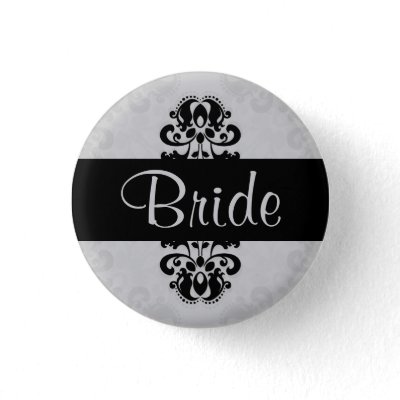 Black and gray victorian damask bride wedding pinback buttons