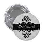Black and gray victorian damask bridesmaid wedding buttons