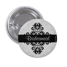 Black and gray victorian damask bridesmaid wedding button