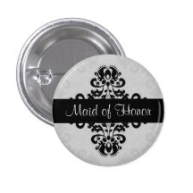 Black and gray victorian damask maid of honor pinback buttons