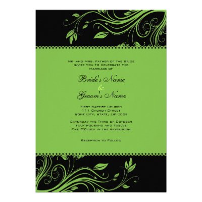Black and Green Floral Swirls Wedding Invitation