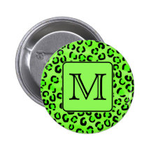 Black and Green Leopard Print. Custom Monogram. Pinback Buttons