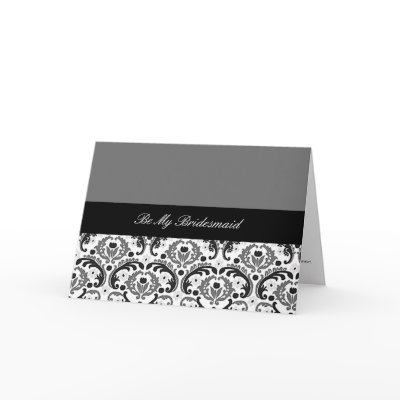 black and grey damask be my bridesmaid card