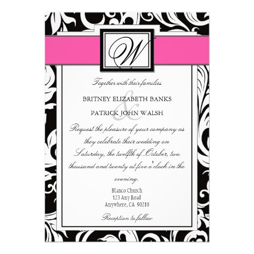 Black and Hot Pink Damask Wedding Invitations
