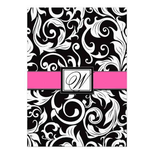 Black and Hot Pink Damask Wedding Invitations