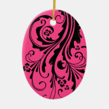 Black and Hot Pink Floral Chic Wedding Christmas Tree Ornaments