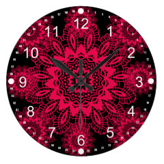 Black and Hot Pink Fuchsia Lace Snowflake Design Wall Clocks