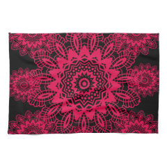 Black and Hot Pink Fuchsia Lace Snowflake Design Kitchen Towel