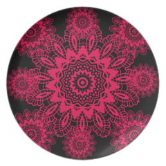 Black and Hot Pink Fuchsia Lace Snowflake Design Plates