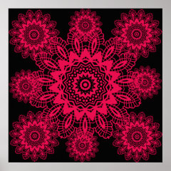 Black and Hot Pink Fuchsia Lace Snowflake Mandala Posters