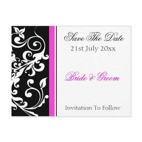 Black and Hot Pink Swirl Wedding Save The Date postcard