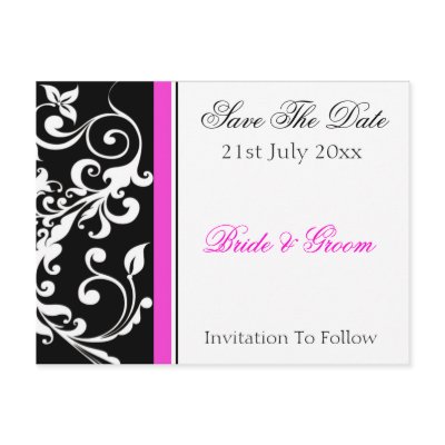 Black and Hot Pink Swirl Wedding Save The Date Postcards by Eternalflame