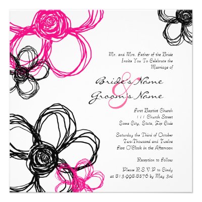 Black and Hot Pink Wild Flowers Wedding Invitation