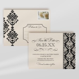 Black and Ivory Elegant Damask Save the Date postcard