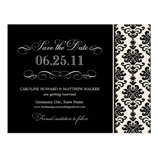 Black and Ivory Elegant Damask Save the Date Postcard